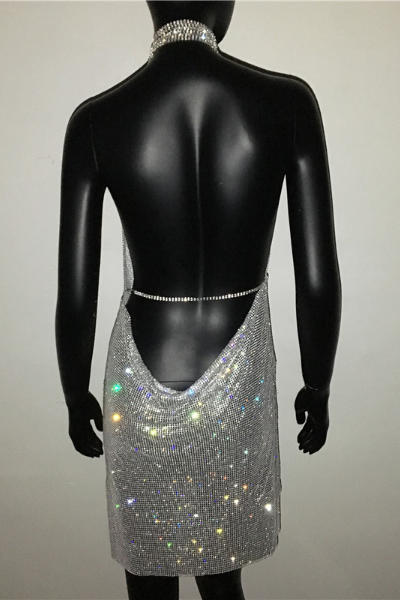 All Glam Jeweled Halter Dress - Silver