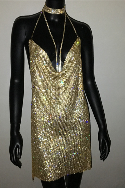 All Glam Jeweled Halter Dress - Gold
