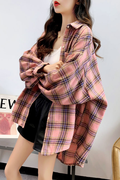Roll Up Plaid Top - Pink