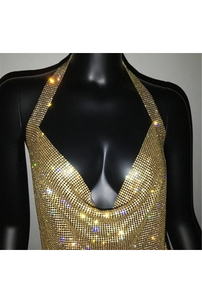 Dreamer Jeweled Halter Dress - Gold