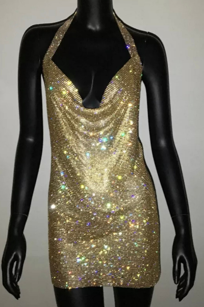 Dreamer Jeweled Halter Dress - Gold