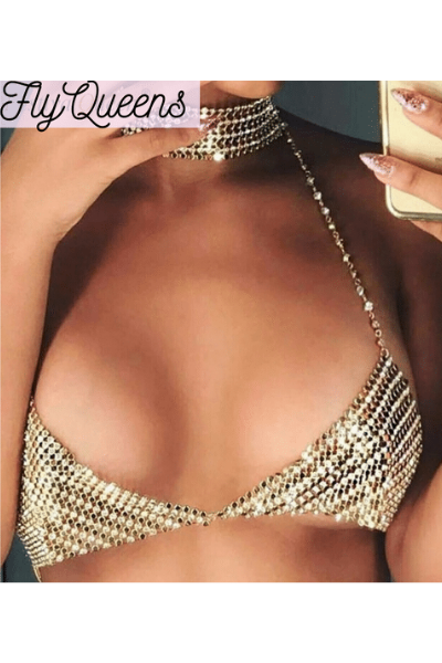 She Stays Ready Jeweled Bralette/Bikini Top - Gold