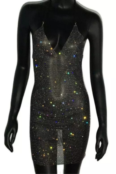 Here for the Bubbly Sheer Jeweled Dress - Black
