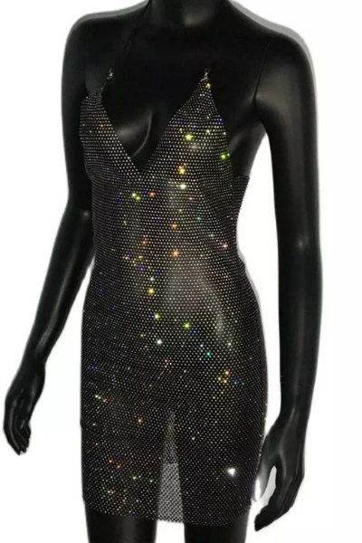Here for the Bubbly Sheer Jeweled Dress - Black