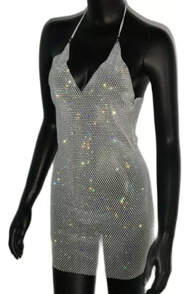 Here for the Bubbly Sheer Jeweled Dress - Silver