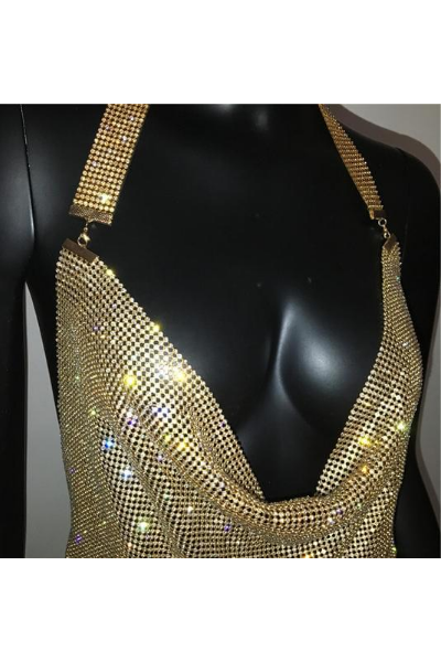 Gotta Be Fate Jeweled Halter Dress - Gold