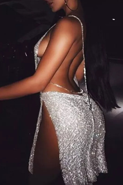 All Glam Jeweled Halter Dress - Silver