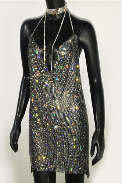 All Glam Jeweled Halter Dress - Black