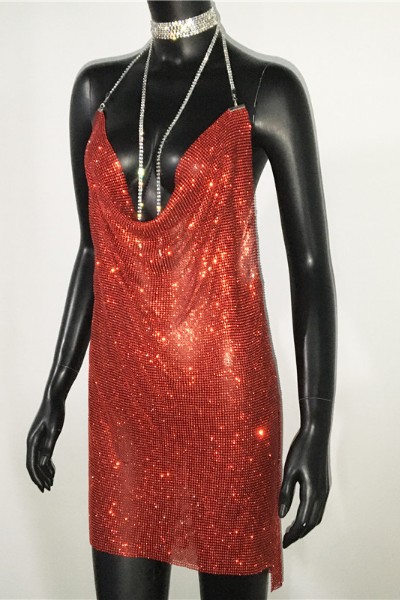 All Glam Jeweled Halter Dress - Red