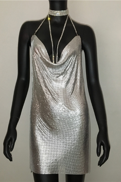 Do Better Sequinned Halter Dress - Silver