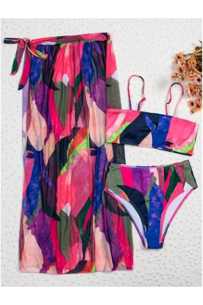 Jamaica High-Waisted Bikini Set and Sarong - Pink