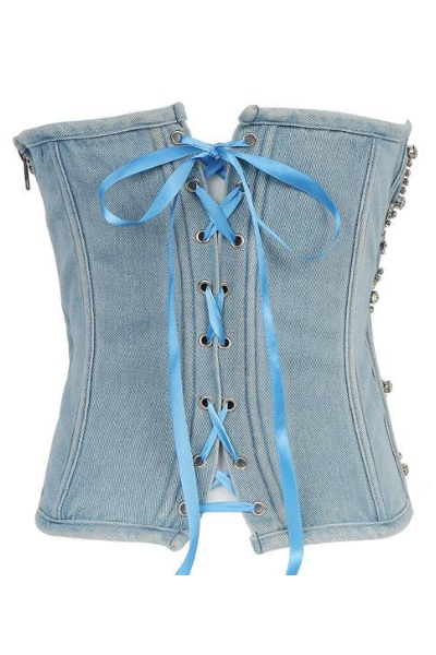 On A Vibe Denim Bustier - Jeweled & Lace Up