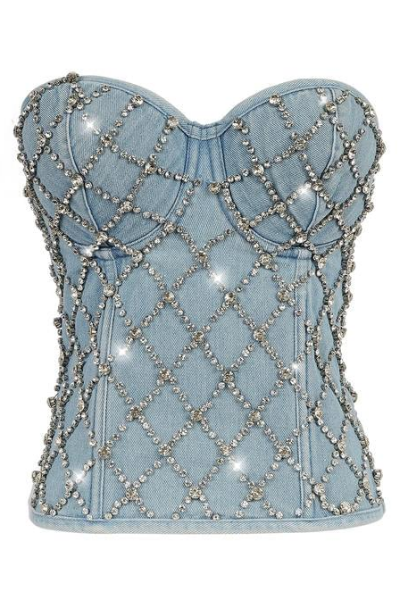 On A Vibe Denim Bustier - Jeweled & Lace Up