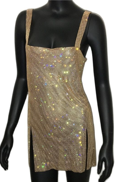 Stay Up For Me Jeweled Dress - Gold