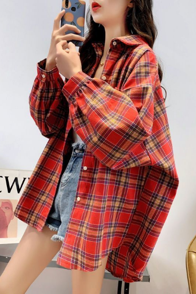 Roll Up Plaid Top - Red