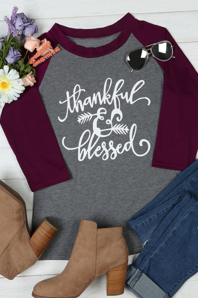 Thankful & Blessed Top - Burgundy - flyqueens