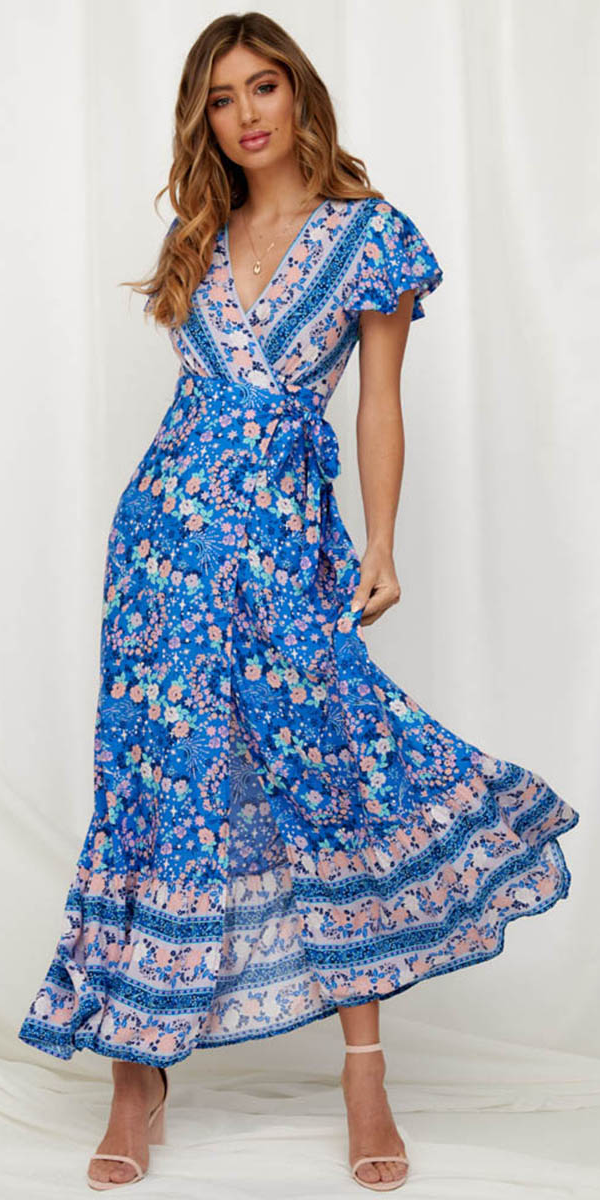 Floral Fine Maxi Dress - Sky Blue