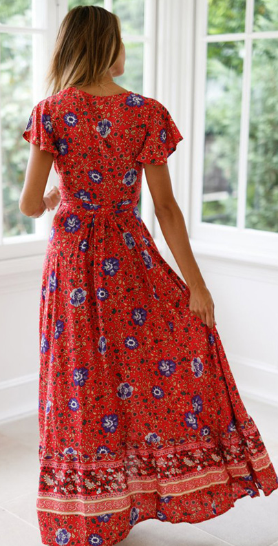 Floral Fine Maxi Dress - Red Floral